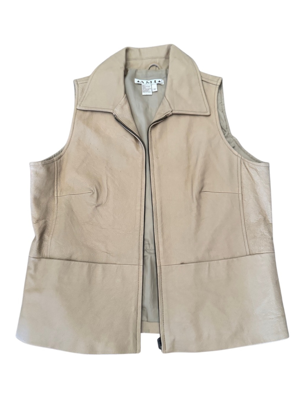 Women’s Tan Zip Front Leather Vest With Pockets Size Medium